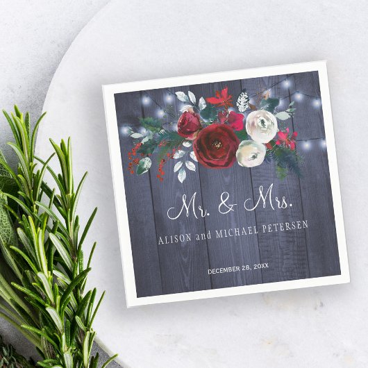 冬の赤い牡丹のミスターとミセス・結婚ミセス スタンダードカクテルナプキン