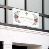 冬の赤い白い花金ゴールド歓迎サイン 横断幕 (ビルの外側)