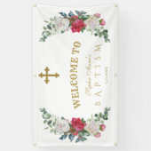 冬の赤い白い花金ゴールド歓迎サイン 横断幕 (縦)