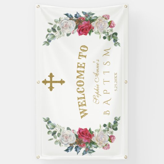 冬の赤い白い花金ゴールド歓迎サイン 横断幕 (縦)