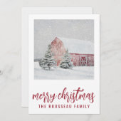 冬の赤い納屋のクリスマスカード シーズンカード (正面/裏面)
