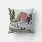 冬の赤い納屋の水の色の風景 クッション (裏面)