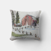冬の赤い納屋の水の色の風景 クッション (正面)