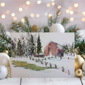 冬の赤い納屋の水の色の風景 シーズンカード