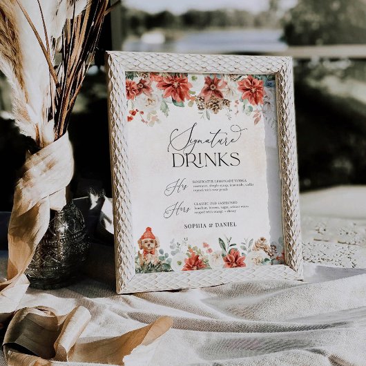 冬の赤い緑のピネコンのシグネチャードリンクサイン 台座サイン