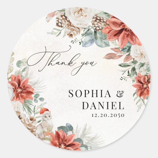 冬の赤い緑のピネコ結婚ンのシール ラウンドシール (正面)