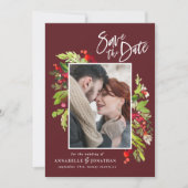 冬の赤い緑の植物水の色の写真シックs セーブザデート (正面)