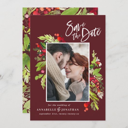 冬の赤い緑の植物水の色の写真シックs セーブザデート (正面/裏面)