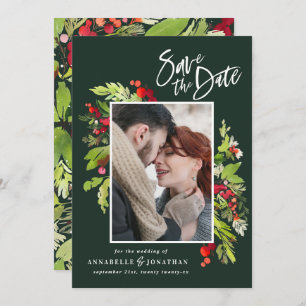 冬の赤い緑の植物水色フォトシック セーブザデート