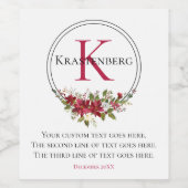 冬の赤い花のカスタムモノグラム名（ホワイト） ワインラベル (シングルラベル)