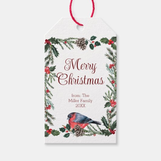 冬の赤い鳥の植物性クリスマス ギフトタグ (正面)