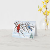 冬の赤い（鳥）ショウジョウコウカンチョウおよびアオカケスのメッセージカード カード (黄色い花)