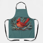 冬の赤い(鳥)ショウジョウコウカンチョウとキュートな赤い果実 エプロン (正面)