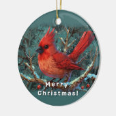 冬の赤い(鳥)ショウジョウコウカンチョウとキュートな赤い果実 セラミックオーナメント (左)