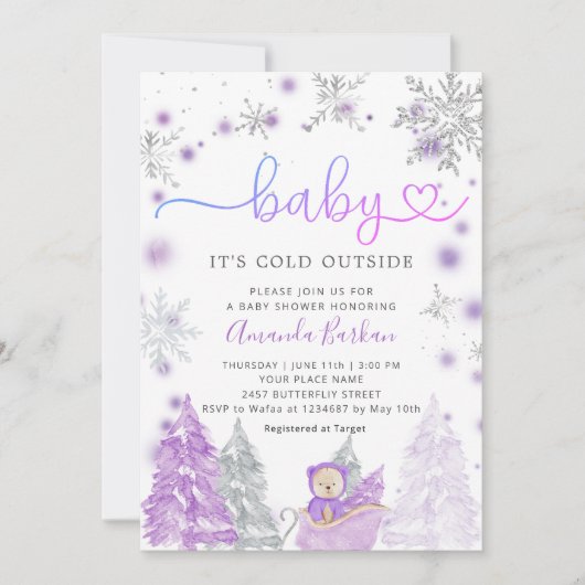 冬の赤ちゃんお披露目パーティー（パープル）Baby It's Cold Outside 招待状 (正面)