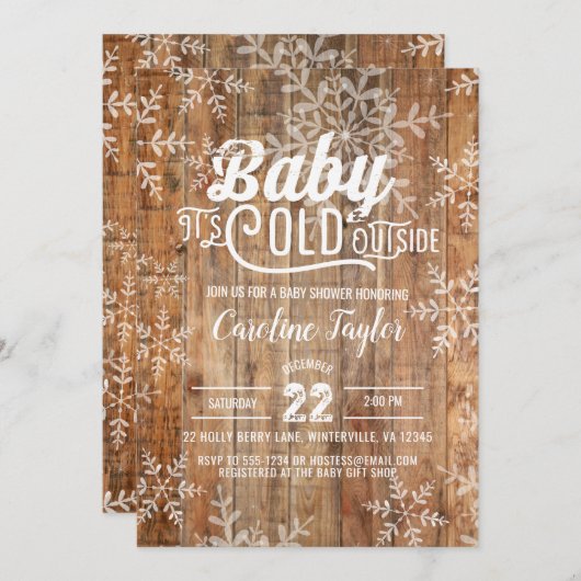 冬の赤ちゃんが木素朴に雪を降らす 招待状 (正面/裏面)