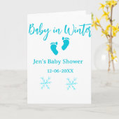 冬の赤ちゃんのベイビーシャワー 青い赤ちゃんの足の雪の結晶 カード (黄色い花)