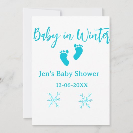 冬の赤ちゃんのベイビーシャワー 青い赤ちゃんの足の雪の結晶 招待状 (正面)