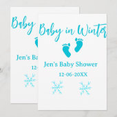 冬の赤ちゃんのベイビーシャワー 青い赤ちゃんの足の雪の結晶 招待状 (正面/裏面)