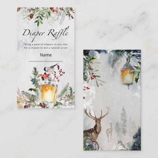冬の赤ちゃんシャワーおむつラッフルチケット エンクロージャーカード (正面/裏面)