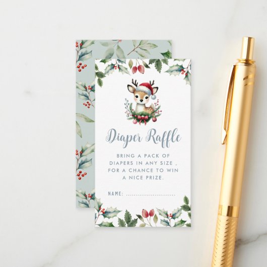 冬の赤ちゃんシャワーおむつラッフル小さな鹿かわいい エンクロージャーカード (正面/裏面インサイチュ)