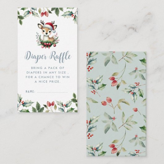 冬の赤ちゃんシャワーおむつラッフル小さな鹿かわいい エンクロージャーカード (正面/裏面)