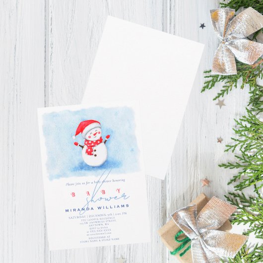 冬の赤ちゃんシャワーかわいい小さな雪だるま水色 招待状