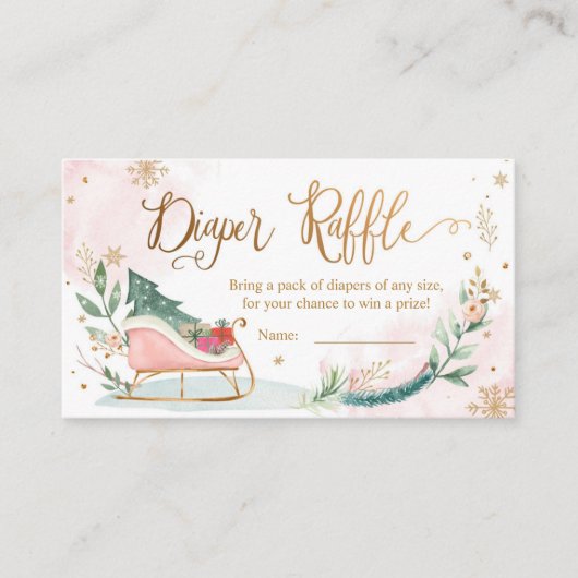 冬の赤ちゃんシャワーそり寒いピンクのおむつラッフル エンクロージャーカード (正面)