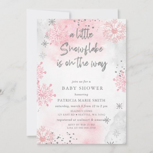 冬の赤ちゃんシャワーの途中にあるピンクのスノーフレーク 招待状 (正面)