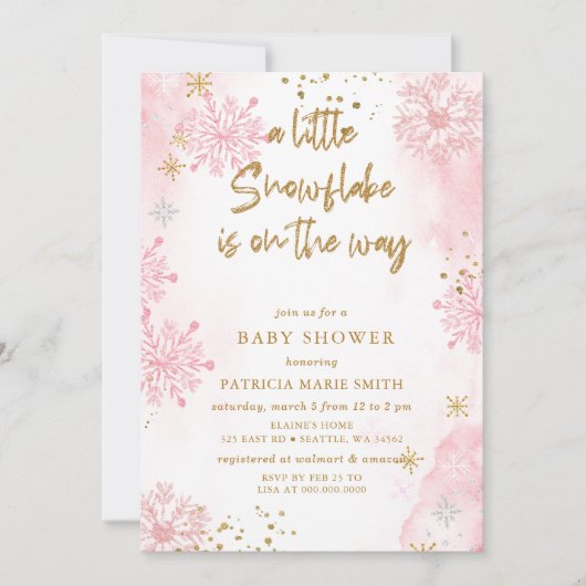 冬の赤ちゃんシャワーの途中にあるピンクのスノーフレーク 招待状 (正面)