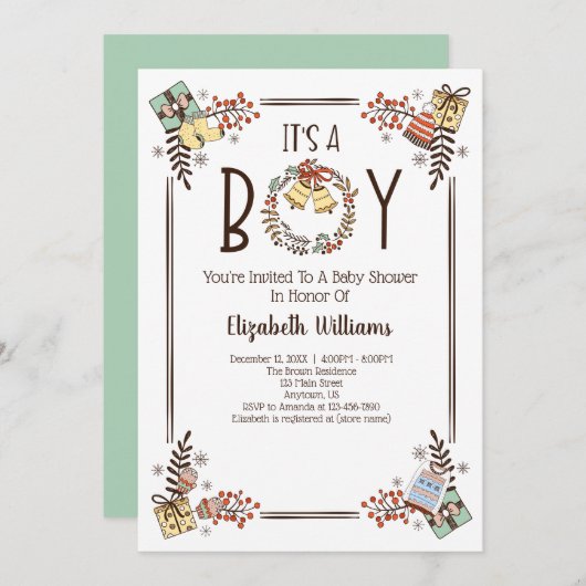 冬の赤ちゃんシャワーは男の子の手描き 招待状 (正面/裏面)