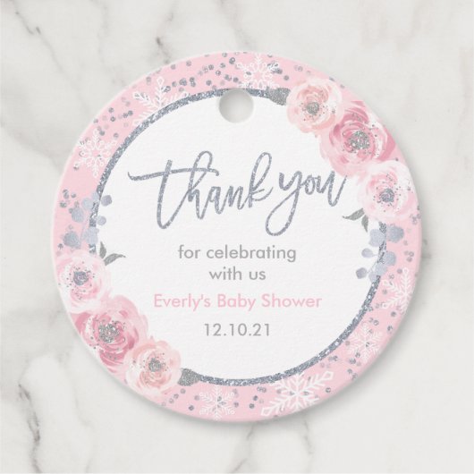 冬の赤ちゃんシャワーピンク&シルバースノーフレークシャワー フェイバータグ (正面)