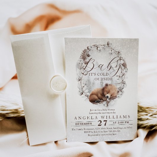 冬の赤ちゃんシャワー外のウッドランドベア寒さ 招待状