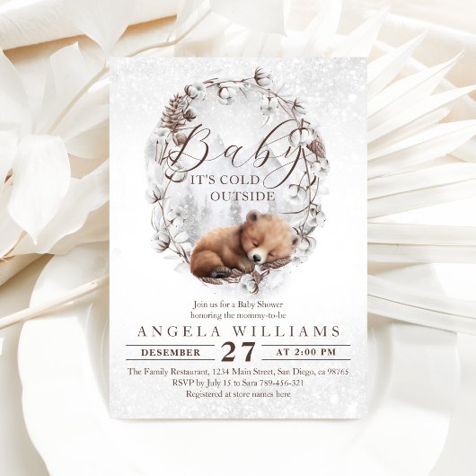 冬の赤ちゃんシャワー外のウッドランドベア寒さ 招待状