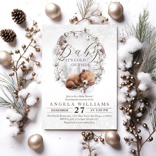 冬の赤ちゃんシャワー外のウッドランドベア寒さ 招待状