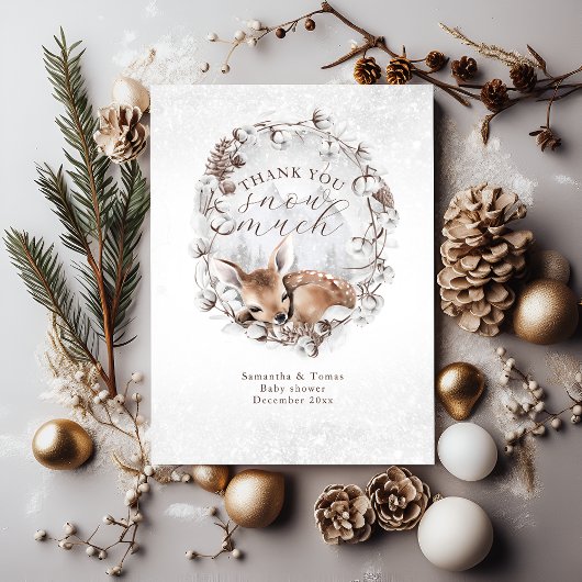 冬の赤ちゃんシャワー外のウッドランド鹿コールド サンキューカード