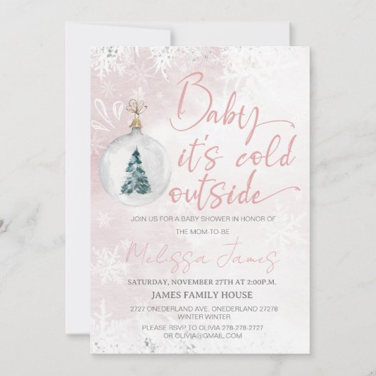冬の赤ちゃんシャワー女の子ベビーそれはBab外で寒い 招待状 (正面)