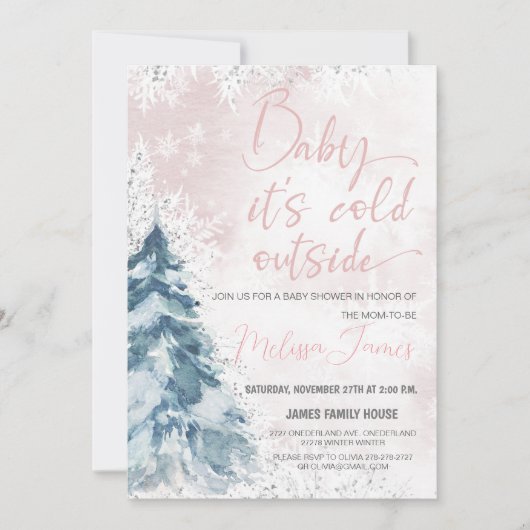 冬の赤ちゃんシャワー女の子ベビーそれはBab外で寒い 招待状 (正面)
