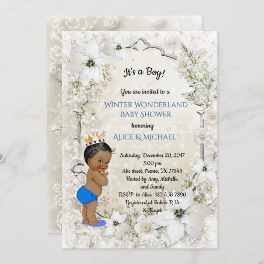冬の赤ちゃんシャワー少年，白，冬のワンダーランド 招待状 (正面/裏面)