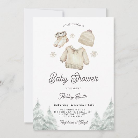 冬の赤ちゃんシャワー招待状のクリスマス外の寒さ 招待状 (正面)