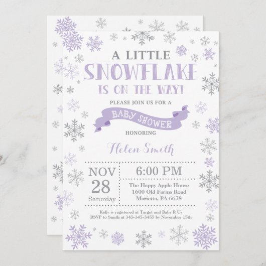冬の赤ちゃんシャワー招待状パープルスノーフレーク 招待状 (正面/裏面)