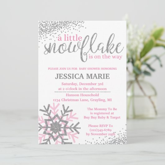 冬の赤ちゃんシャワー招待状 – ピンクのスノーフレーク 招待状 (スタンド正面)