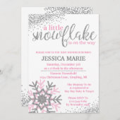 冬の赤ちゃんシャワー招待状 – ピンクのスノーフレーク 招待状 (正面/裏面)