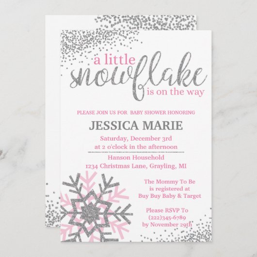 冬の赤ちゃんシャワー招待状 – ピンクのスノーフレーク 招待状 (正面/裏面)