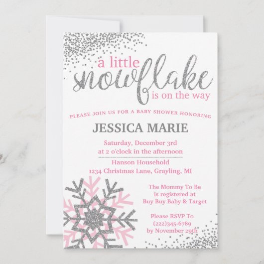 冬の赤ちゃんシャワー招待状 – ピンクのスノーフレーク 招待状 (正面)
