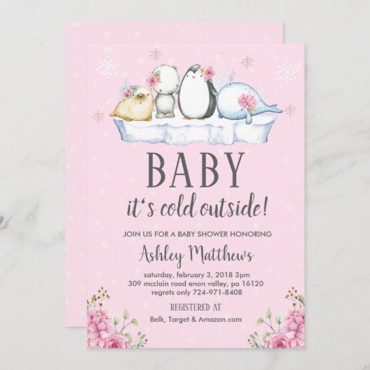 冬の赤ちゃんシャワー招待状、冬の動物の北極 招待状 (正面/裏面)