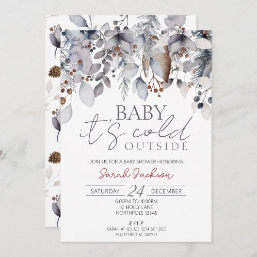 冬の赤ちゃんシャワー招待状、外は寒い 招待状 (正面/裏面)