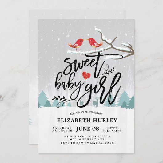 冬の赤ちゃんシャワー甘い赤ちゃんガールシック雪のシーン 招待状 (正面/裏面)