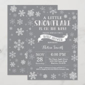 冬の赤ちゃんシャワー白と灰色のスノーフレーク 招待状 (正面/裏面)
