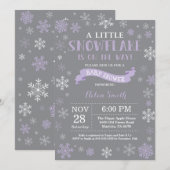 冬の赤ちゃんシャワー紫の白と灰色のスノーフレーク 招待状 (正面/裏面)